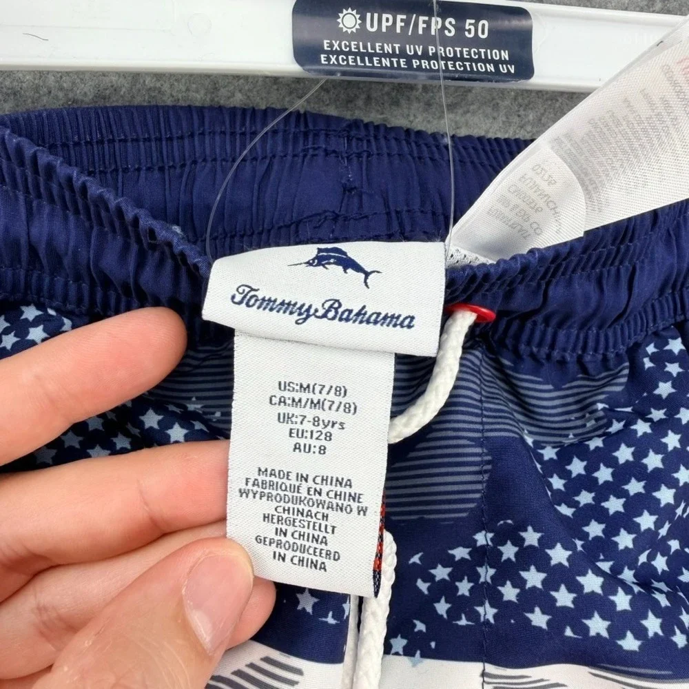 Tommy Bahama Boys M 7/8 American Flag Swim Trunks UPF 50 Red White Blue NWT